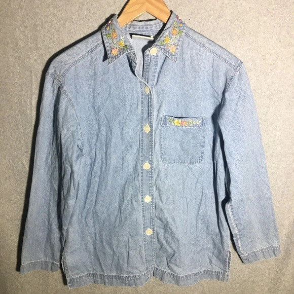 Womens Susan Bristol Button Down Shirt Denim Floral Embroidery Cottage Core - Picture 1 of 7